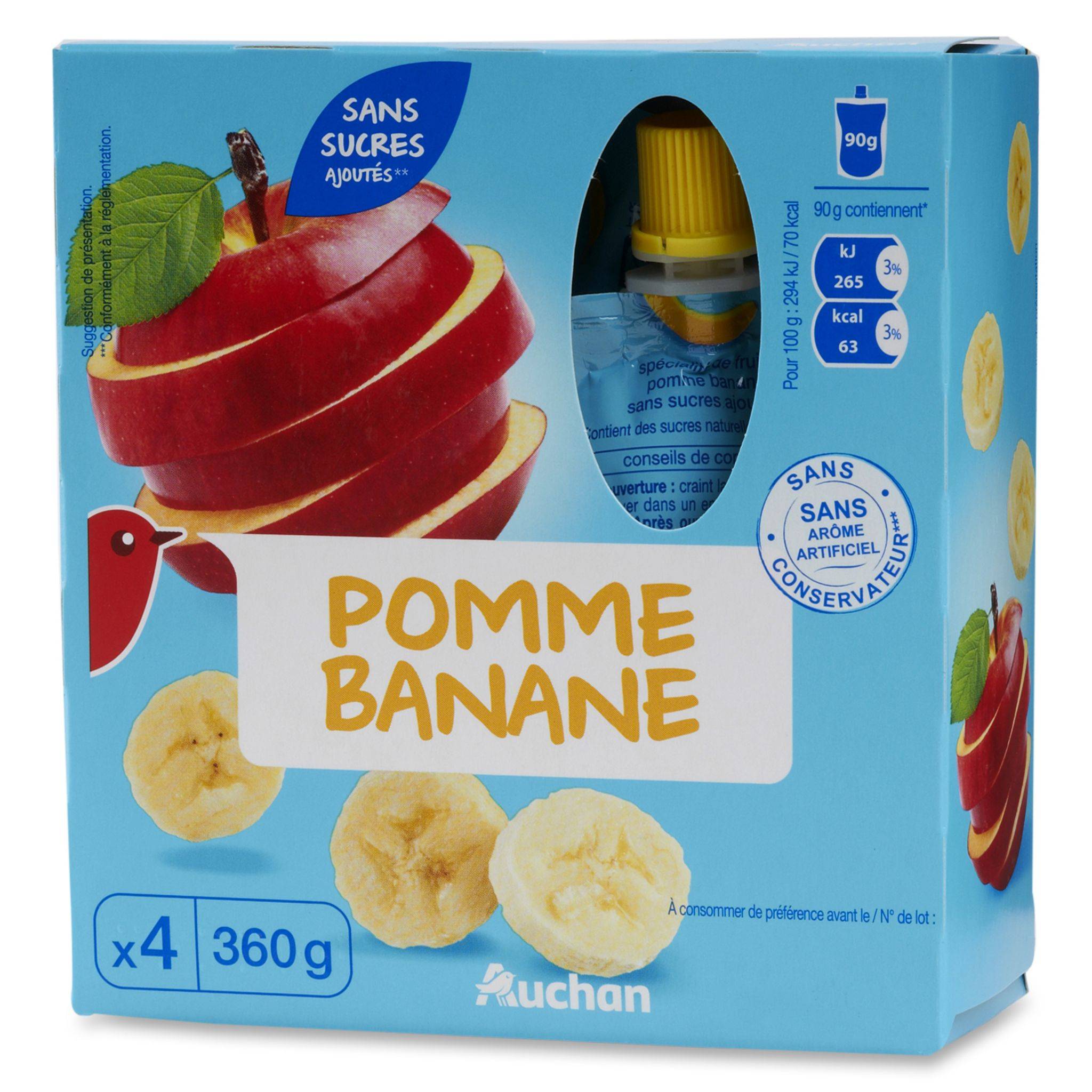 Auchan Compotes pomme et banane sans sucres ajoutés x4 360g