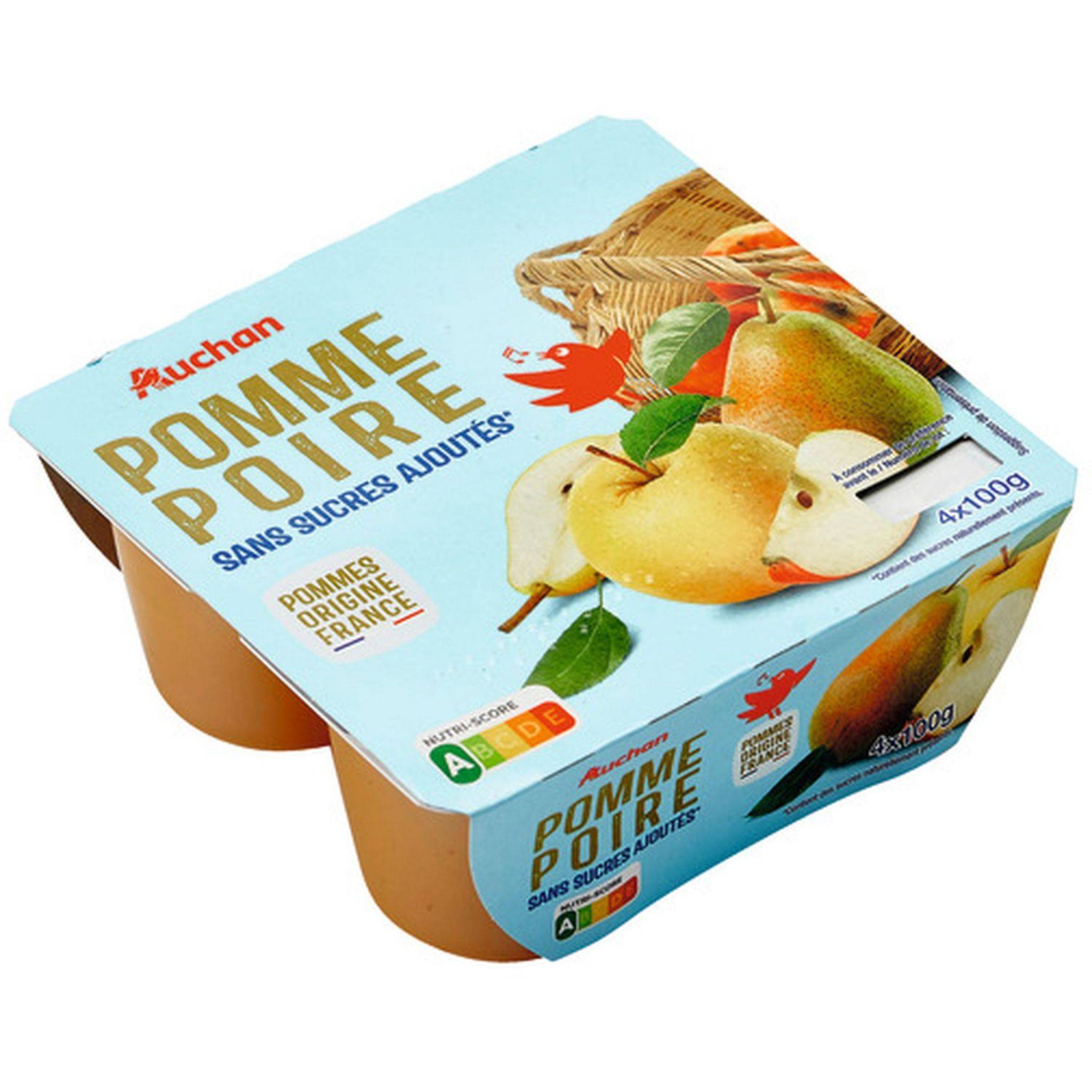Auchan Compotes pomme et poire sans sucres ajoutés 4x100g