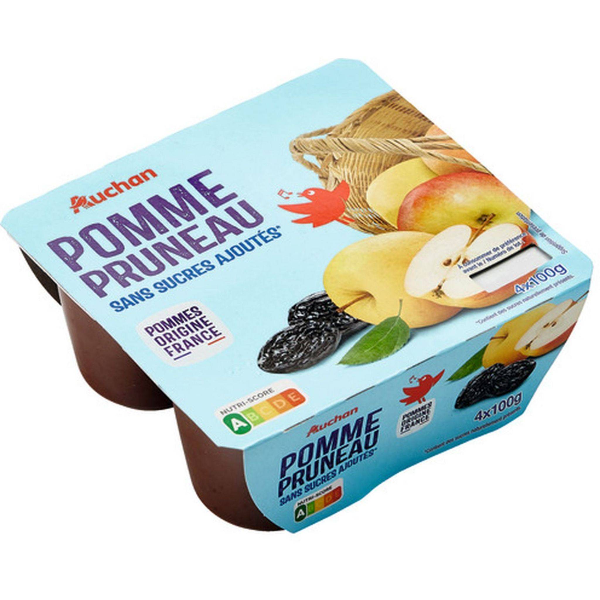Auchan Compotes pomme et pruneau sans sucres ajoutés 4x100g