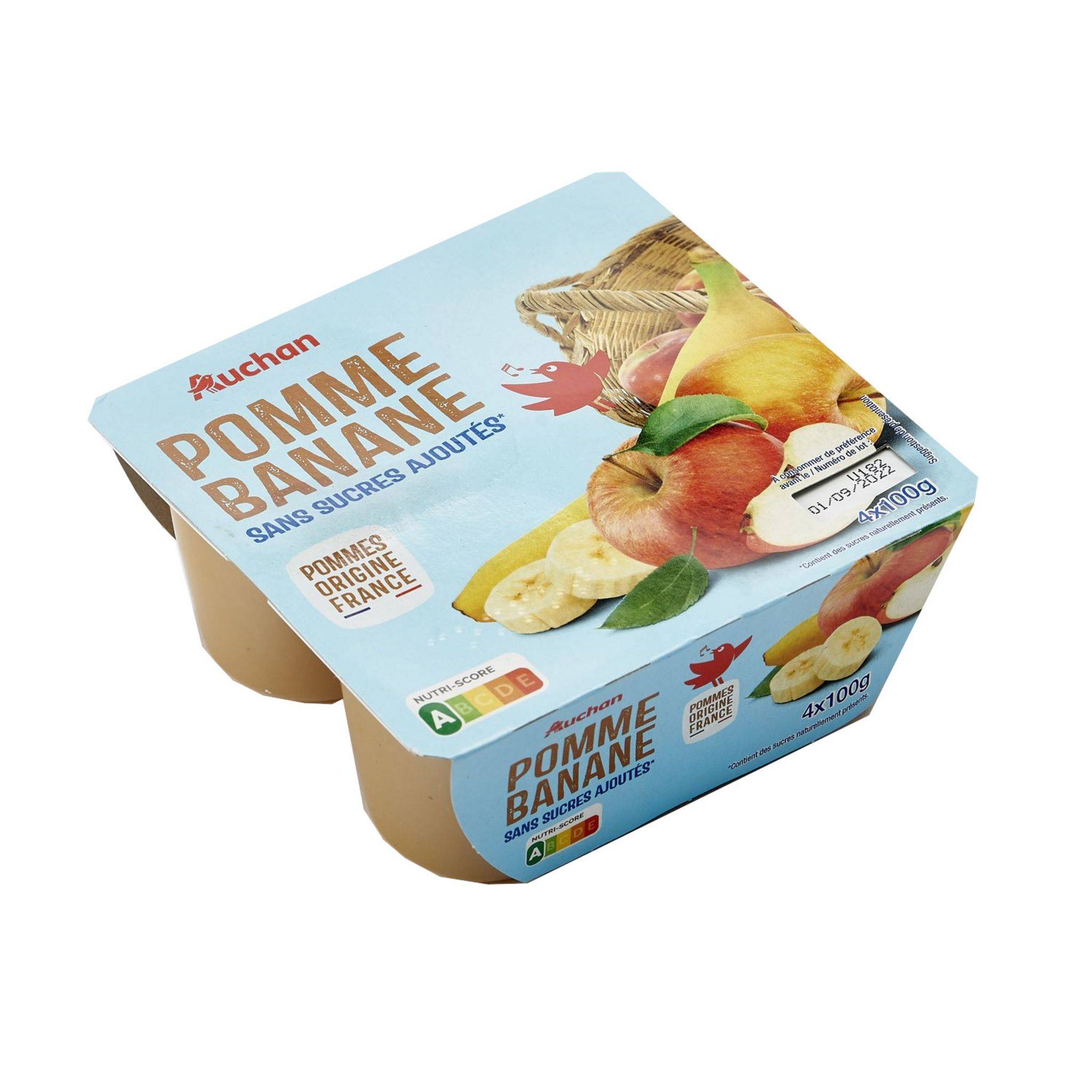Auchan Compotes pomme et banane sans sucres ajoutés 4x100g